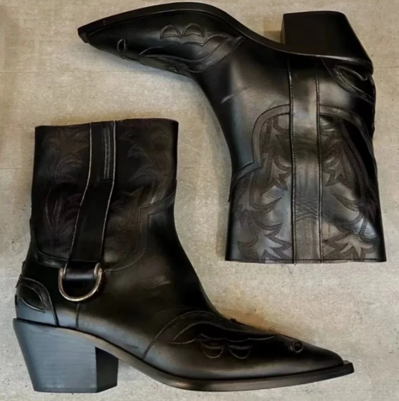 Black Retro Distressed Floral Carved Pointed Toe Chelsea Boots Men's Chunky Heel Non-Slip Booties Luxury Short Western Boots
