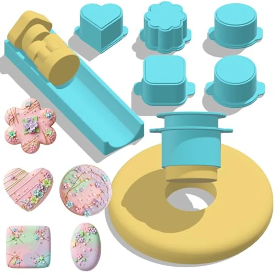 5 PCS Cake Pop Mold Set with 7.87-inch Tray, Heart Square Cloud Oval Round 3D Printed Cake Pop Cutter and Pusher, Baking Molds