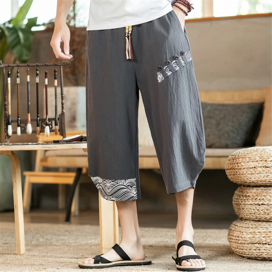 

Summer Linen Pants Men Calf-length Pants Elastic Waist Male Fashion Casual Chinese Traditional Style Short Pants