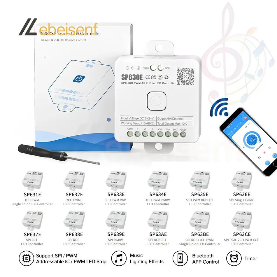 Smart BT SP630E All In 1 LED 5CH kontroler PWM SPI dla pikseli listwa oświetleniowa LED WS2812B WS2811 COB 5050 RGB RGBW ct muzyka 5V-24V