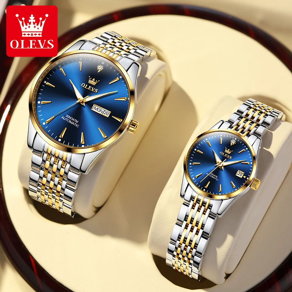 OLEVS 6635 Luxury Brand Gold Fully Automatic Mechanical Couple Watch High Quality Stainless Steel Date Week His and Her Watch