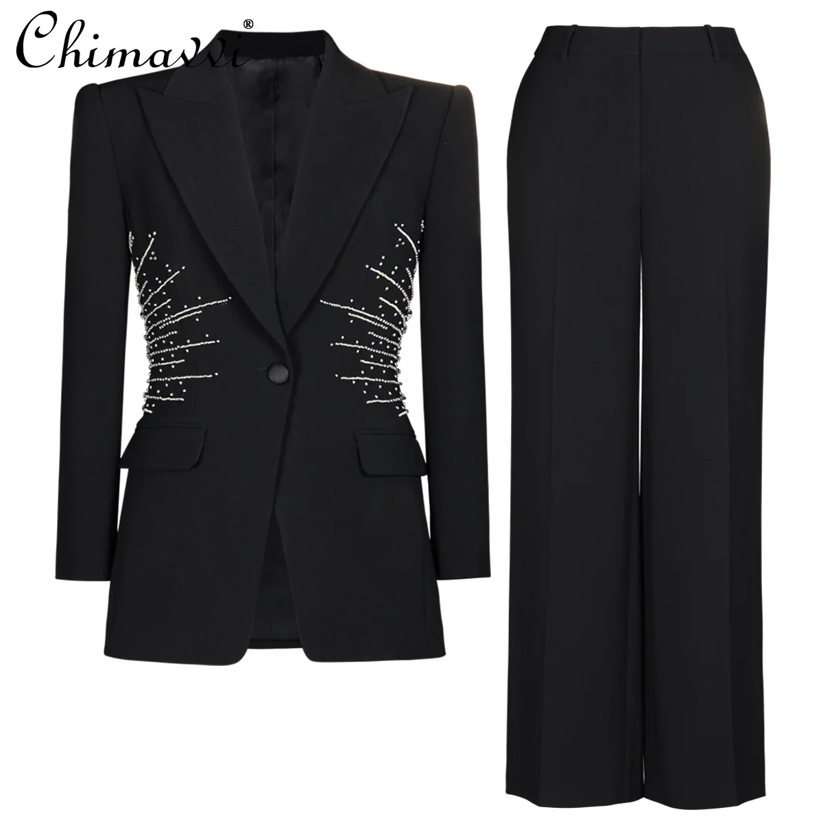 

2025 Autumn New Heavy Bead Suit Two-piece Fashion Light Luxury Long-sleeved Slim Jacket + Trousers Temperament Women's Outfits