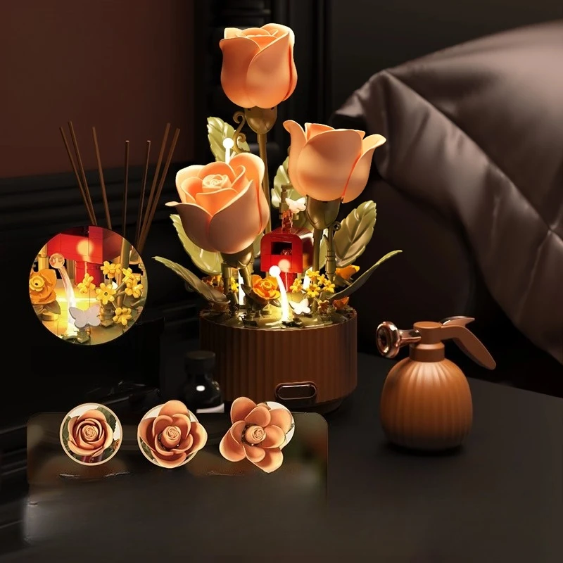 

Вечный цветок, строительные блоки, цветущий сад, креативный ручная сборка, букет роз, настольный орнамент, модель игрушки, подарок на день рождения