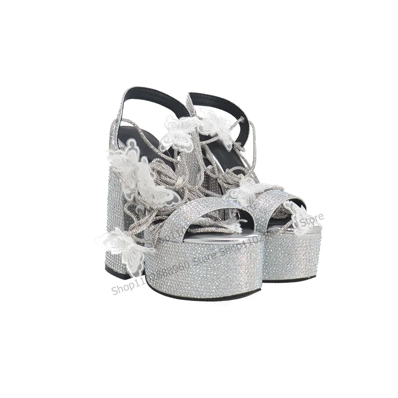 Silver Cross-Tied Platform Crystal Butterfly Decor Sandals Chunky High Heel Shoes for Women Open Toe Fashion Zapatillas Mujer