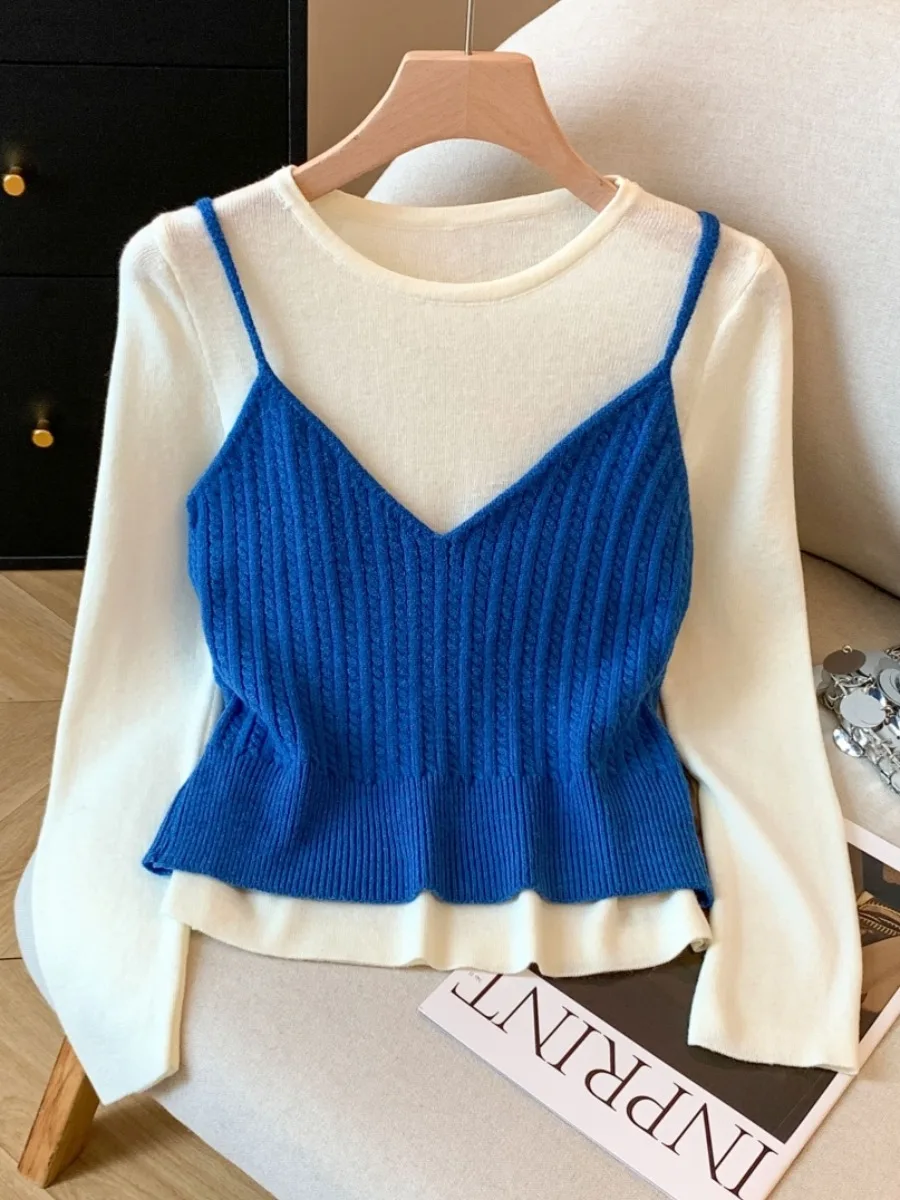 Zachte Lange Sve V-Ne Dames Gebreid Vest En Top Set Koreaanse Sle Pendelen Wollen Tweedelig Pak Herfst collectie