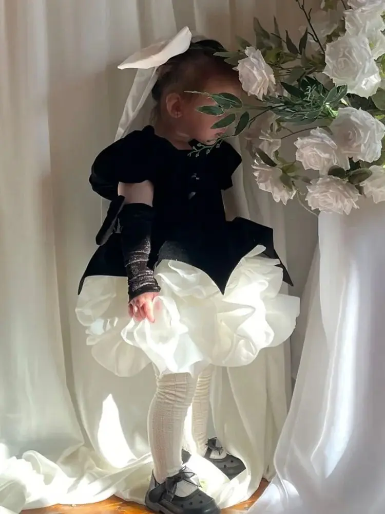 

A-line Velvet Mini Girl Dress Short Sleeves Flower Applique Baby Girl Dresses Birthday Present Customized 2025 Gift