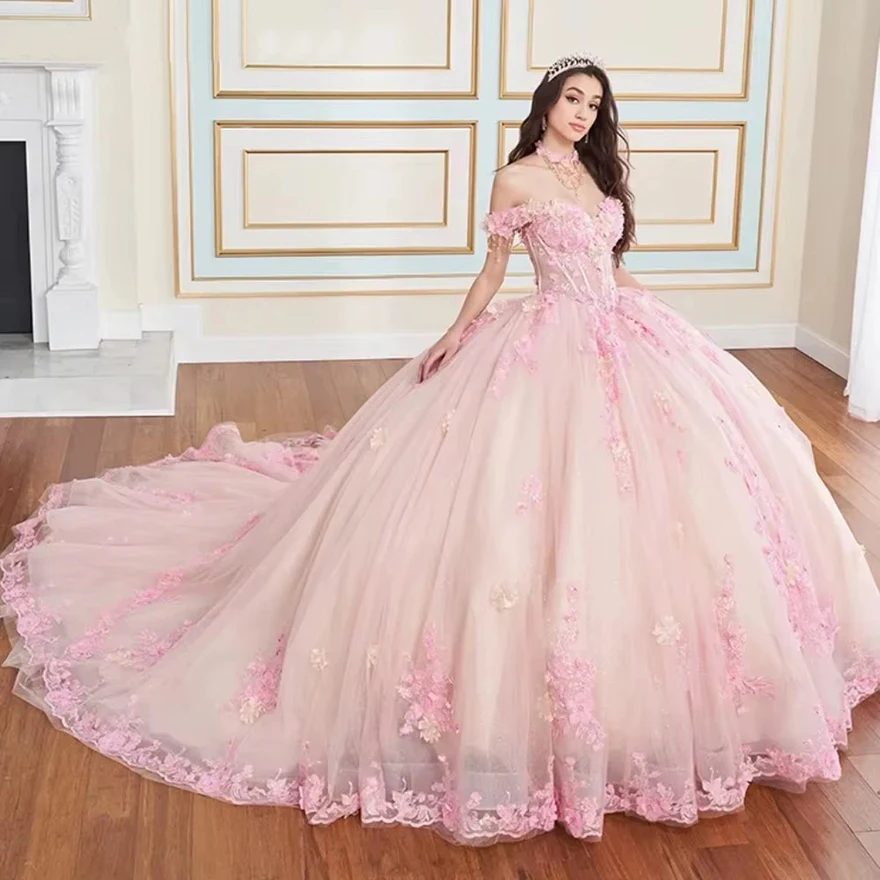 

Розовое платье Quinceanera по индивидуальному заказу, бальное платье с кружевной аппликацией и бантом из бисера, мексиканский корсет Sweet 16, Vestidos De 15 Anos