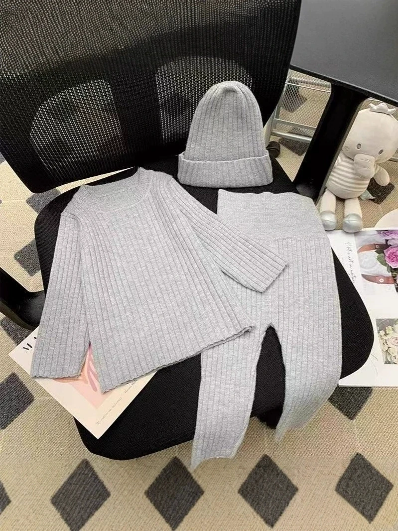 Children Sets Girls Clothing 2025 New Spring and Autumn Causal Solid Fashion O-neck Knitwear Versatile Long Sleeve and Pants