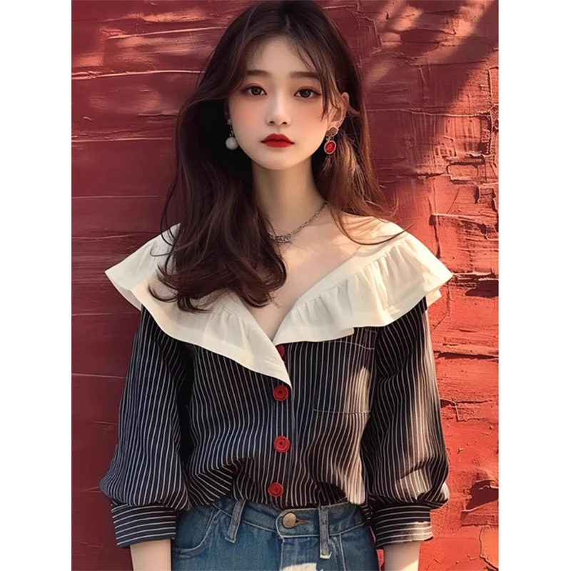 

Chiffon Stripe Printed Blouses Women Long Sleeve Retro Ruffle Tops Office Lady Casual Wear Black Shirts Oversized
