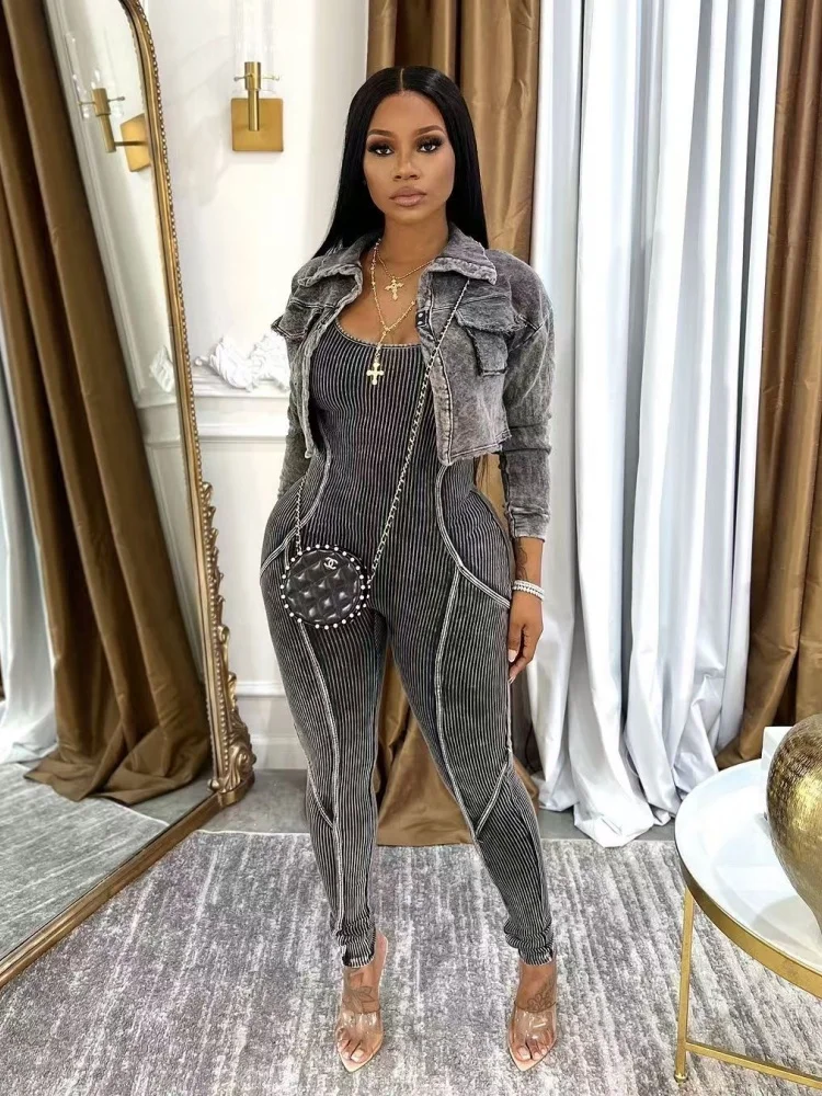 

Женский костюм Sister Star, модный повседневный однотонный потертый комбинезон с длинными рукавами в уличном стиле, элегантный пригородный комплект из двух предметов