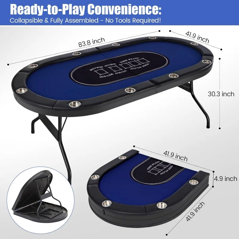 10  Player Foldable Poker Table for Texas Holdem with Padded Rails and Cup Holders Poker Table for Chess and Card Entertainment