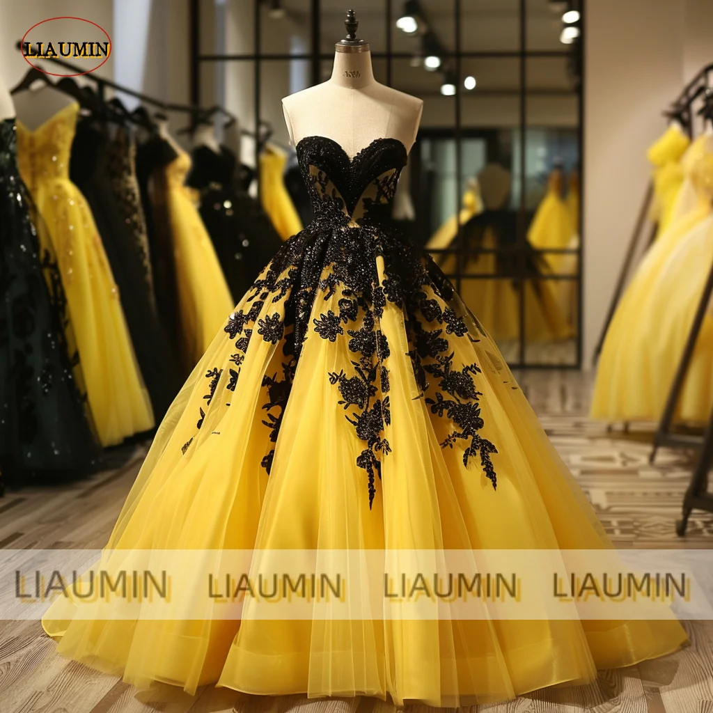 Yellow Tulle Black Lace Applique Strapless Evening Prom Dress A Line Full Length Formal Occasion Party Lace Up Hand Made A1-11