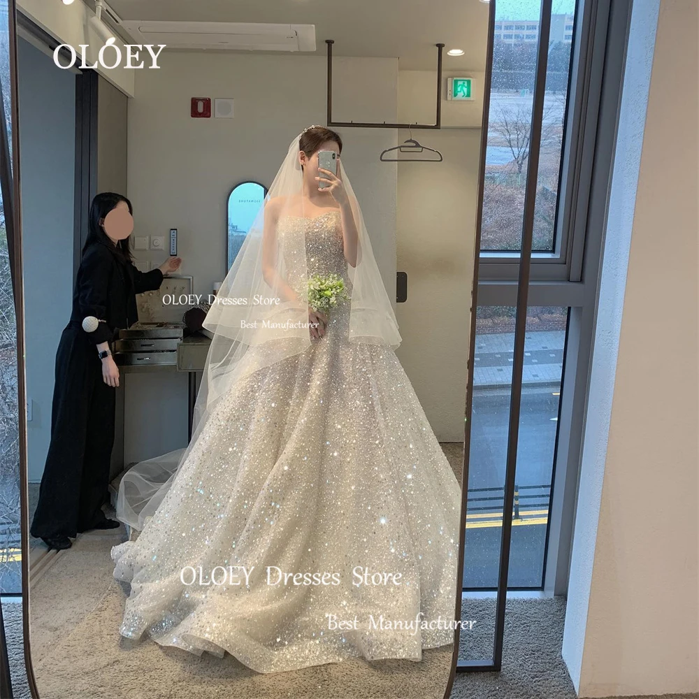 OLOEY Exquisite Glitter Tulle Wedding Dresses Sleeveless Bridal Gowns Vestido De Noiva Floor Length A Line Custom Made