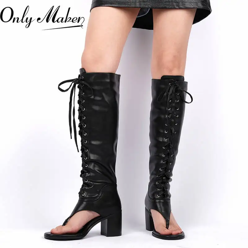 

Onlymaker Women Open Toe Black Matte Knee High Boots Lace-up Low Heels Party Flip-Flops Sandals Boots
