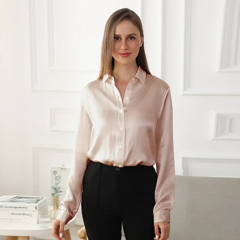 2024 Spring New Solid Color Long-sleeved Silk Blouse 100% Mulberry Silk Loose Shirt Women White Shirt Women