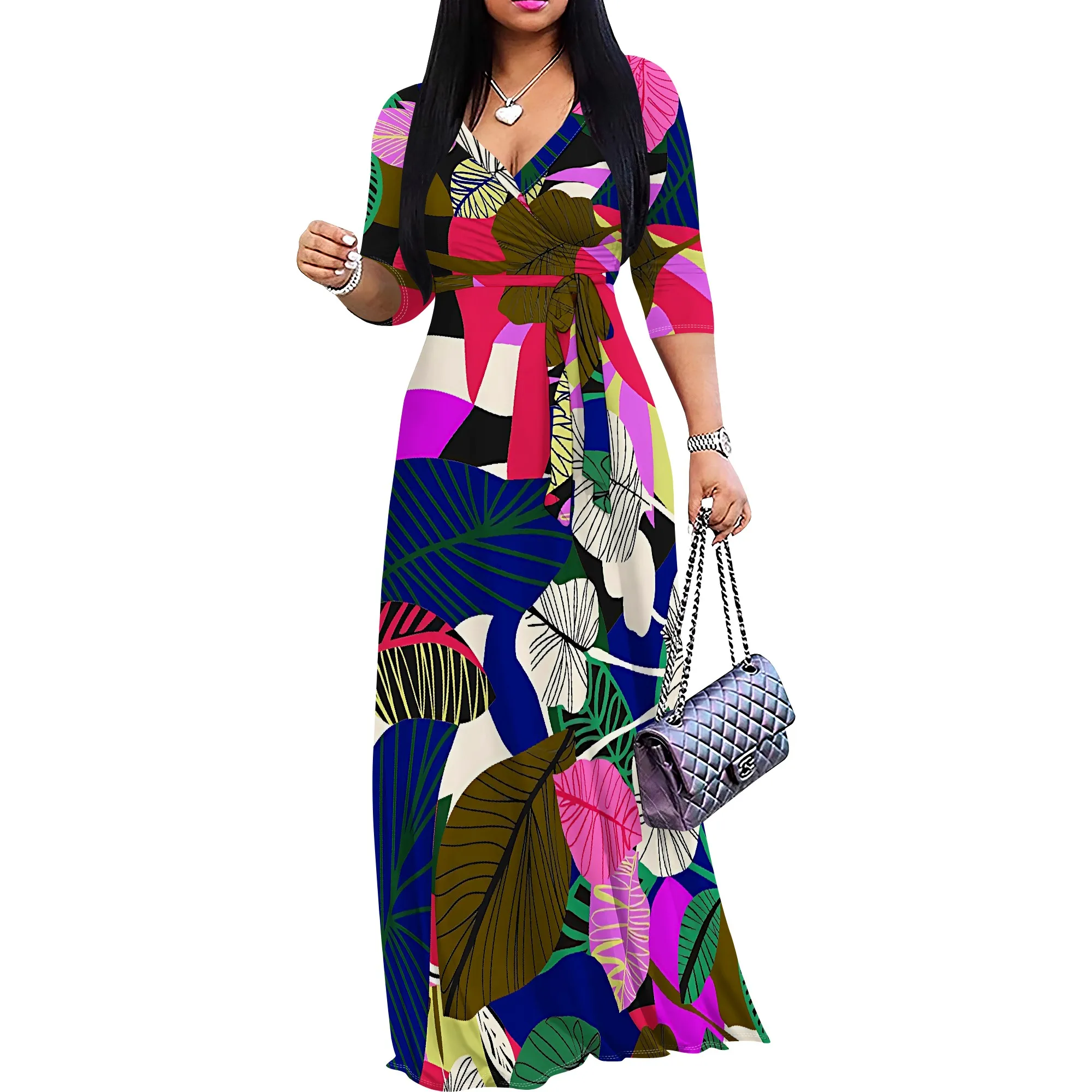 Damen Kurzarm Sexy V-Ausschnitt Lose Boho Langes Kleid Mode Bedruckt Split Saum Club Party Casual Urlaub Maxikleid