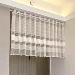 Beige Short Kitchen Tulle Curtain For Window Hollowed Lace Half Curtain Cafe Sheer Voile Curtain For Living Room Cabinet Cover