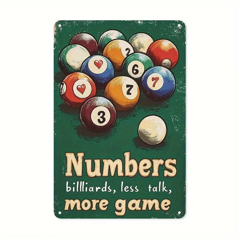 Vintage Metal Wall Art Sign -  Retro Billiards Decor with Numbers 1-8 Pool Balls & 