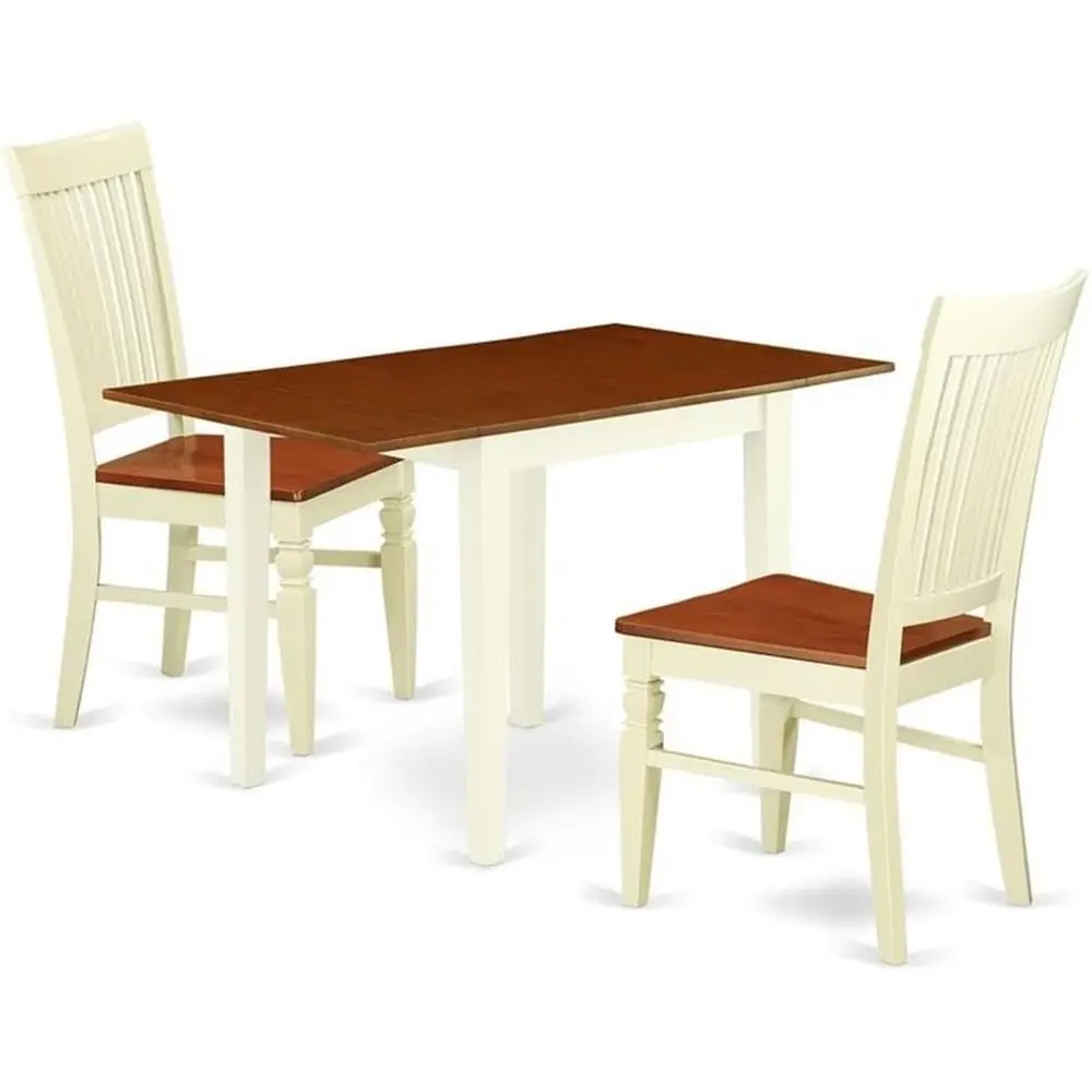 3-Piece Compact Dining Set with Drop-Leaf Table and Wooden Chairs, 30x48 Inches, Buttermilk & Cherry Finish