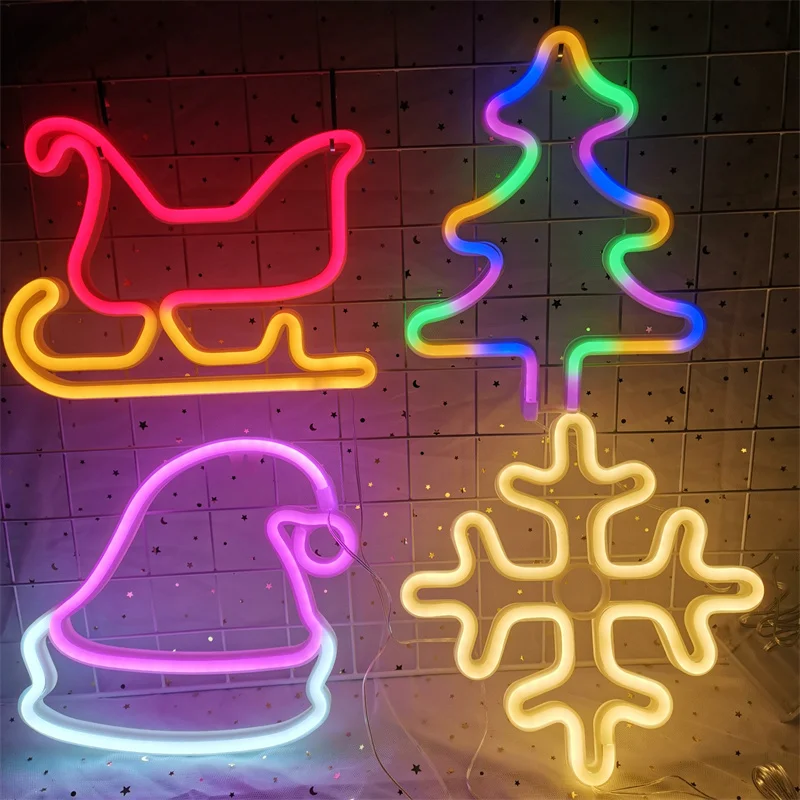 Christmas Decoration LED Neon Sign Light Love Deer Elk Bell Snowflake Sock Christmas Tree Shape Night Light for Weddings Party