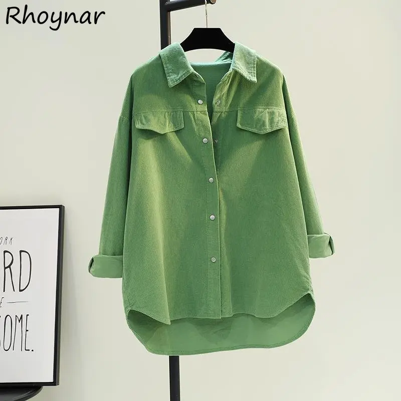 Green Mid-length Corduroy Shirts Women Autumn Casual Solid Simple All-match Cozy Loose Korean Style College Office Ladies Chic