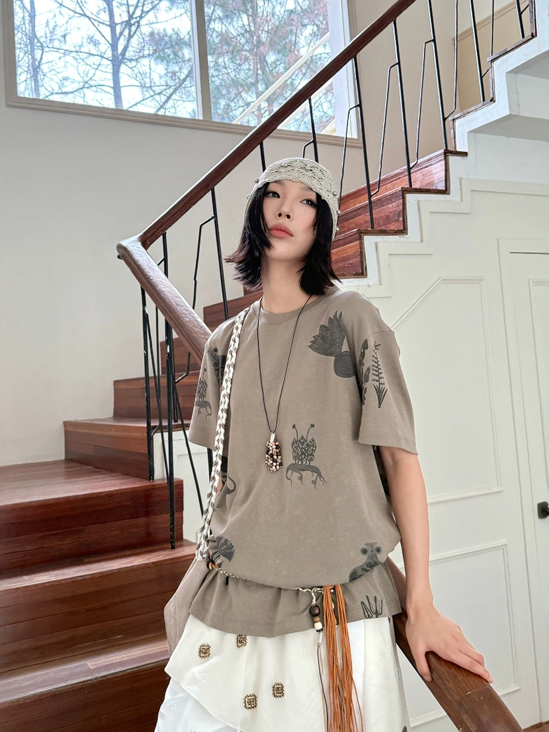 

Plant Print ort Sve T-irt Ice Dust Brand Commute Sle Loose Fit Cotton Polyester Blend round Ne Top