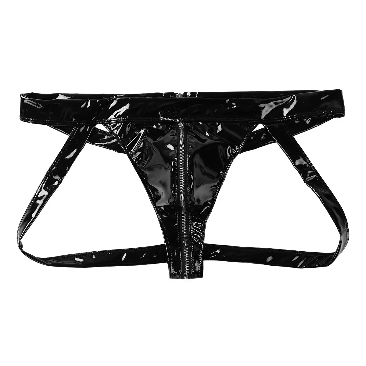 Sexy Mens Underwear WetLook Patent Leather Briefs Panties Open Butt Hollow Out Gay Jockstrap Zipper Open Crotch Bondage Lingerie