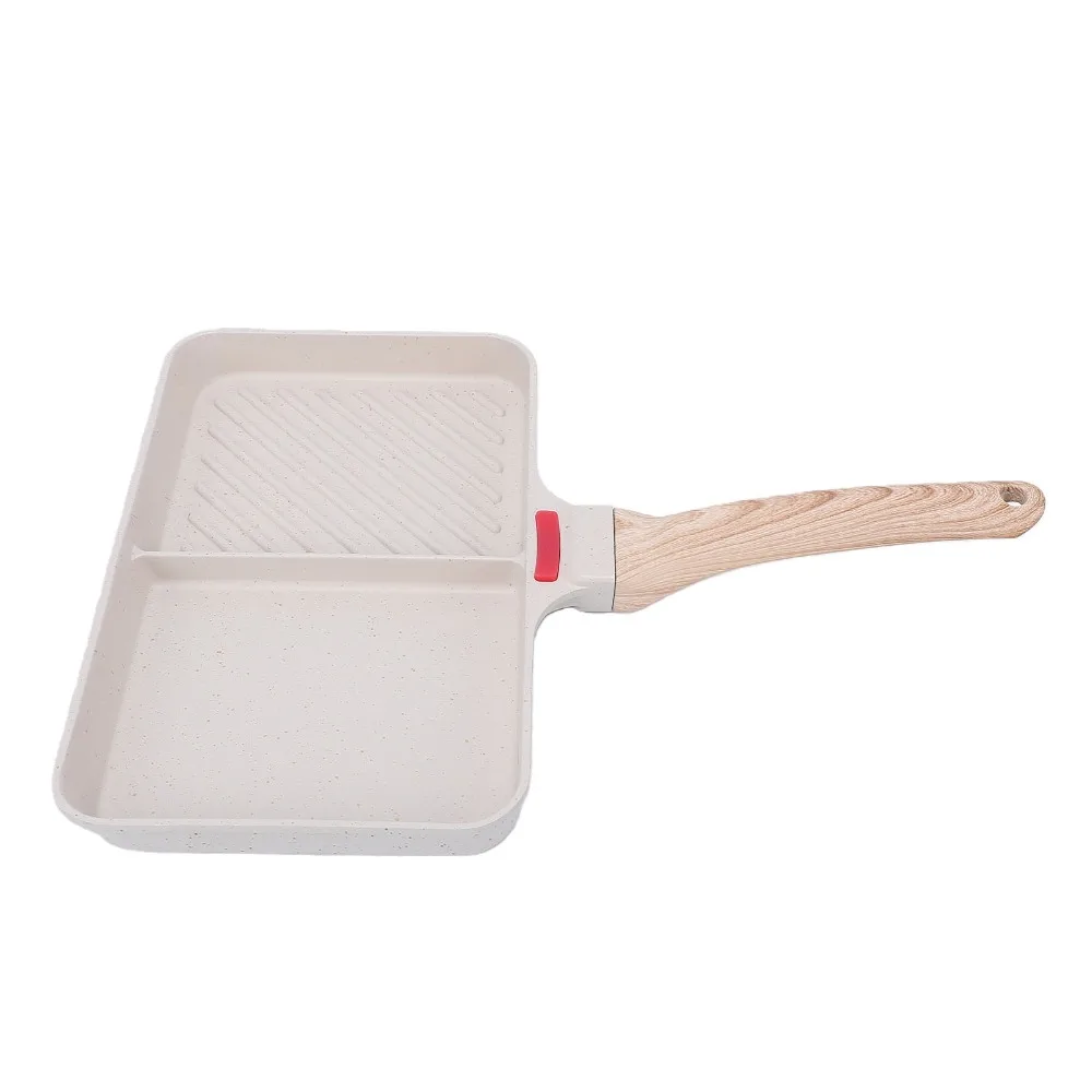Maifan Stone Coating Divided Griddle Pan Temperature Sensing Grill Ridge Steak Frying Pan Wooden Handle Non Stick Grill Pan