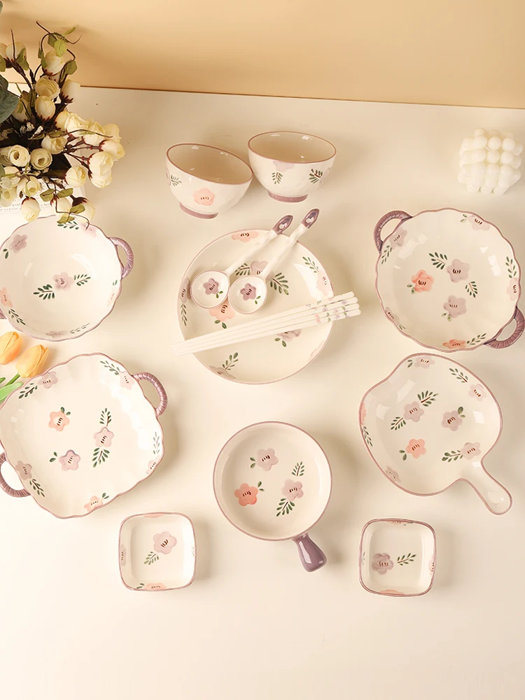 Fioletowy w kwiaty z nadrukiem ceramiczne zastawy stołowe szykowne naczynia w kolorze podszkliwa śliczny pojemnik na talerz do styl japoński dla dzieci