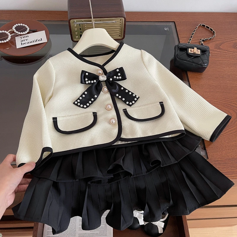 Girls Spring Suit New Temperament Small Fragrance  Girl Sweet Bow Long Sleeve Coat + Cake Skirt Two-piece Set