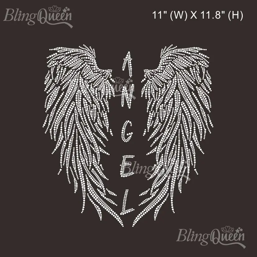 Blingqueen- Rhinestone Transfer, Hot Fix Iron on Patch Motif, Crystal Bling, Angel Wings Design, 25 pcs/lot