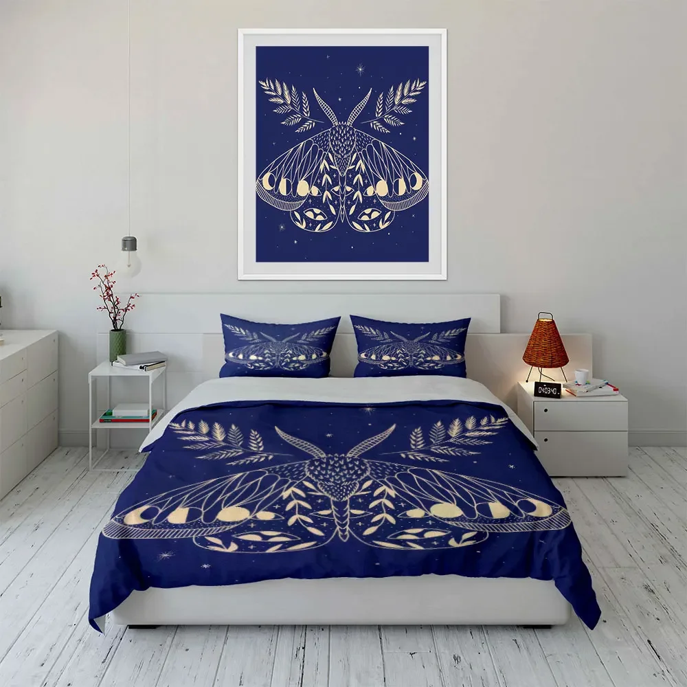 Floral Moth Art Decor Set Bedding Set with 1 Duvet Cover 2 Pillowcases Single Double King Queen, Gift