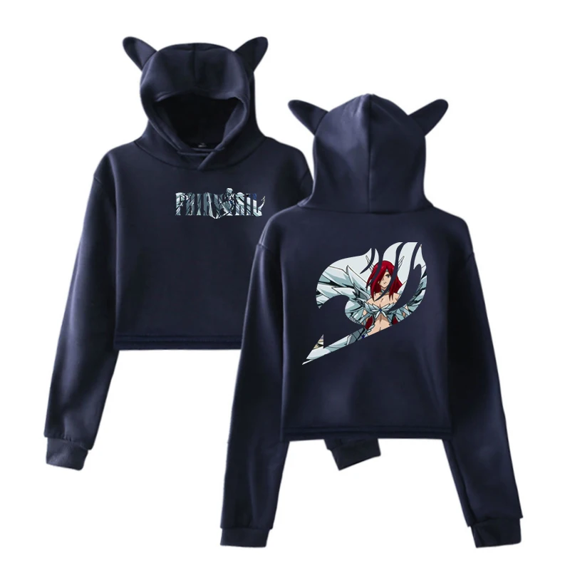 Fairy Tail Short Cropped Hoodies Women Sweatshirt Cat ears Anime Sweatshirt Girl hoodie Crop Top Hooded  Female Clothes pullover