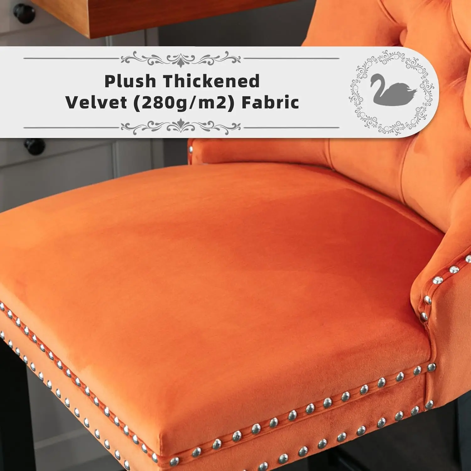 Conjunto de 2 bancos de bar de veludo com encosto, pernas de madeira, anel de metal, altura de balcão (laranja)