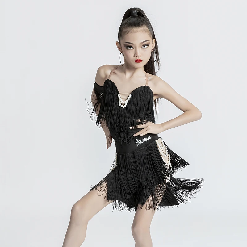 line dance costume Kids Young girls women clothing suit samba Fringe Pearl Tassel fringed Dancewear dresses competition Stage