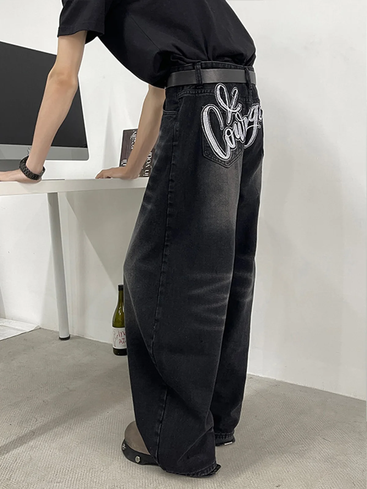 

Bla Knife Wide Leg Jeans Men Summer American High Street Letter Embroidery Waed Casual Loose Straight Cut Trousers