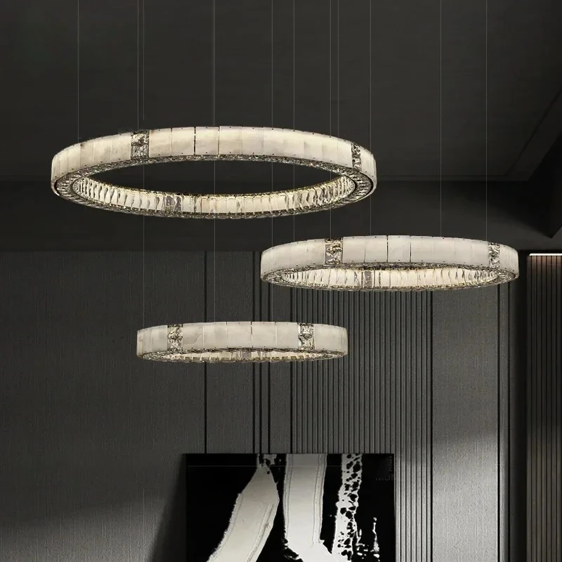Modern Luxury Marble Crystal Round Chandelier For Villa Living Dining Room Grand Hall Ceiling Lighting Fixture