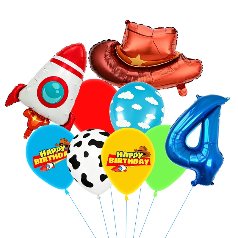 Es ist ein Spielzeug-Set mit der Geschichte „Inspired Story“ in Blau, Rot, Gelb und Grün mit Kuh-, Wolken- und Ballonmotiven für Geburtstags- und Babyparty-Dekorationen im Cartoon-Stil – Detail 5