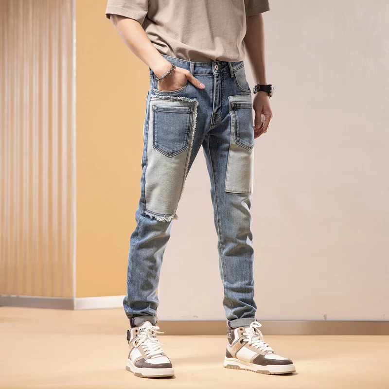 Street Fashion Men Jeans Retro Blue Elastic Stretch Skinny Fit Patched Ripped Jeans Men Spliced Designer Hip Hop Pants Hombre