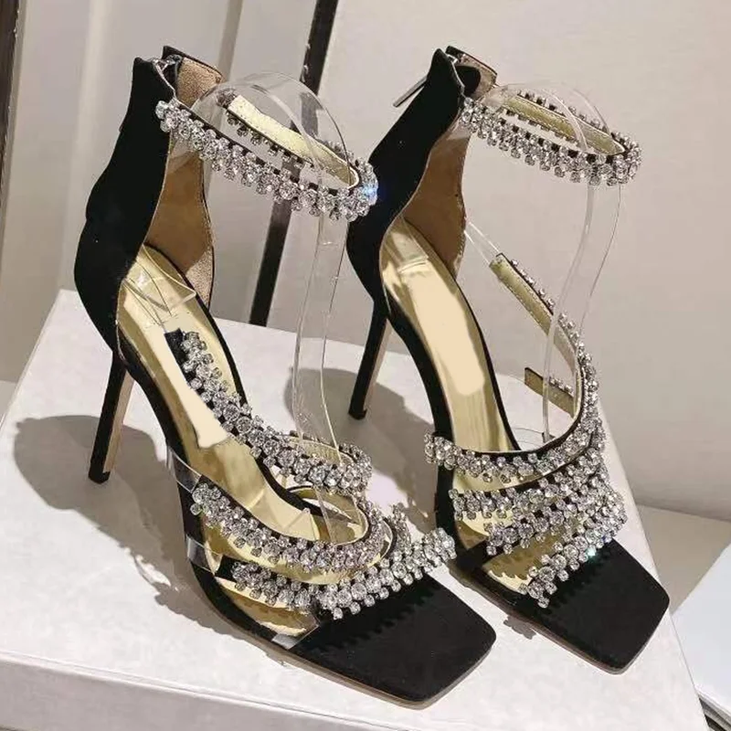 

Crystal One Word Belt Cover Heel Sandals Thin Heel Square Toe Zipper Size 35-40 New Arrivals Fashion Woem Shoes