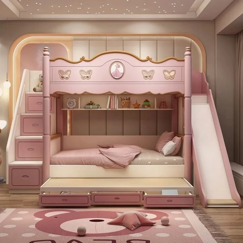 

Cute Wooden Princess Bunk Bed for Girls, 2-Tier Elevated Bed with High Guardrail & Slide, Modern Kids Bedroom Furniture Litera