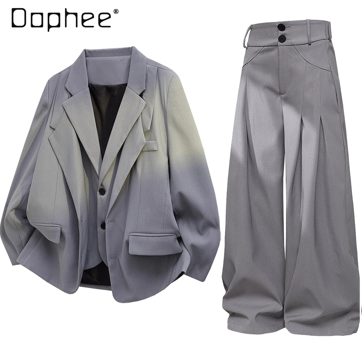 

2025 Spring and Autumn Korean Style Men's High-end Burgundy Gray Suit Set Casual Loose Straight Black Suit Trousers