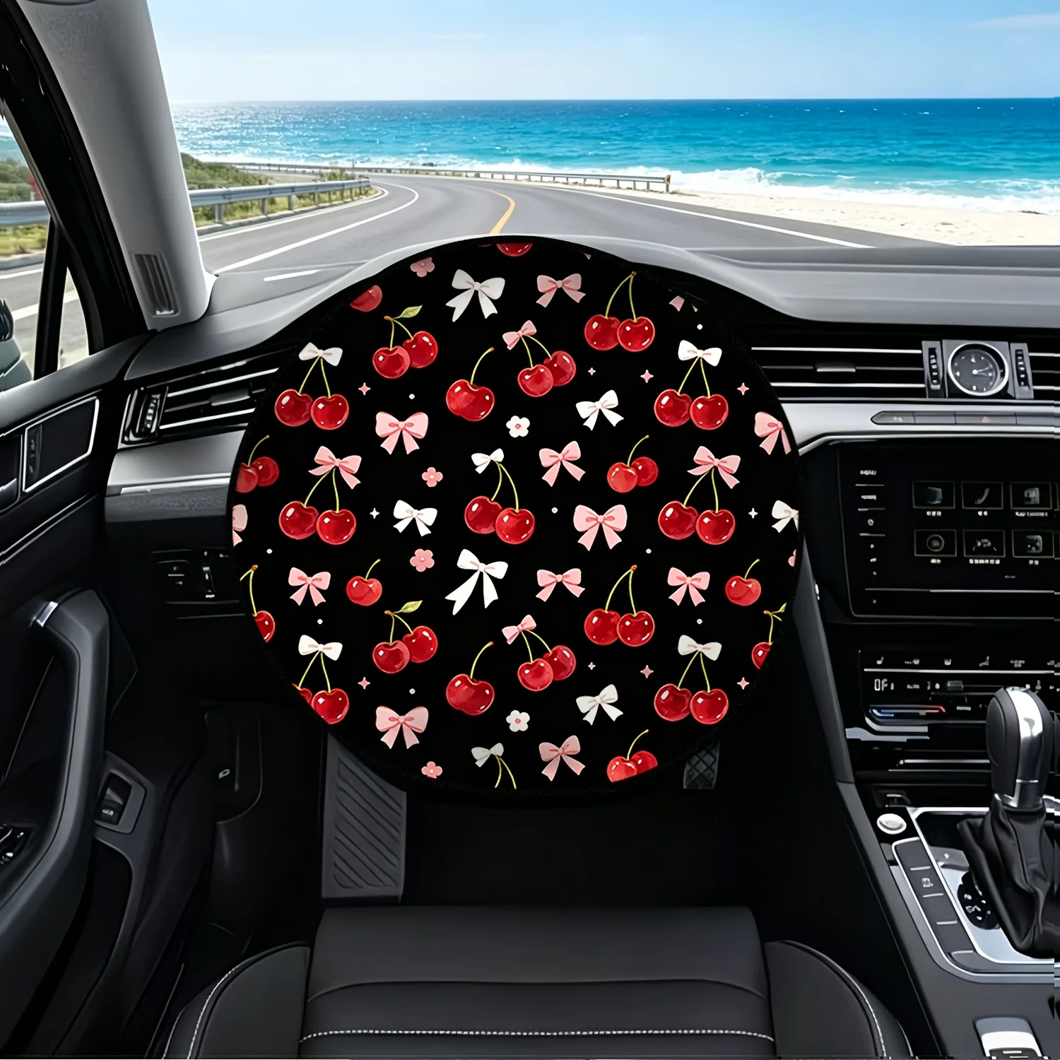 1pc Steering Wheel Sunshade With Cherry Bow - Black Base Suitable For Car, Heat Shield & For Summer Driving, Glare, Car Accessor