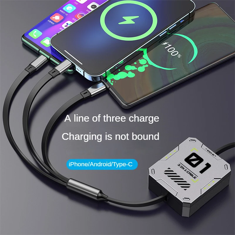 3 in 1 Multi Retractable USB Phone 100W Fast Charging and Data Cable for Lightning/Android/Type-C Devices