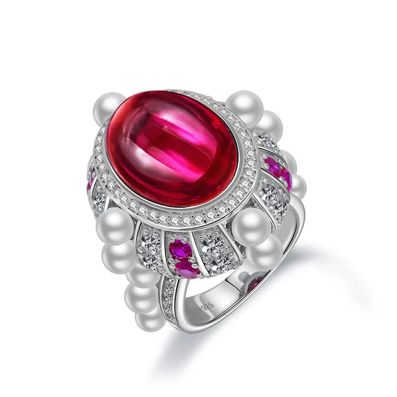 

Bellux Vintage Ruby Synthetic Luxury Ring s925 Pure Silver Pearl Zircon Women's Ring