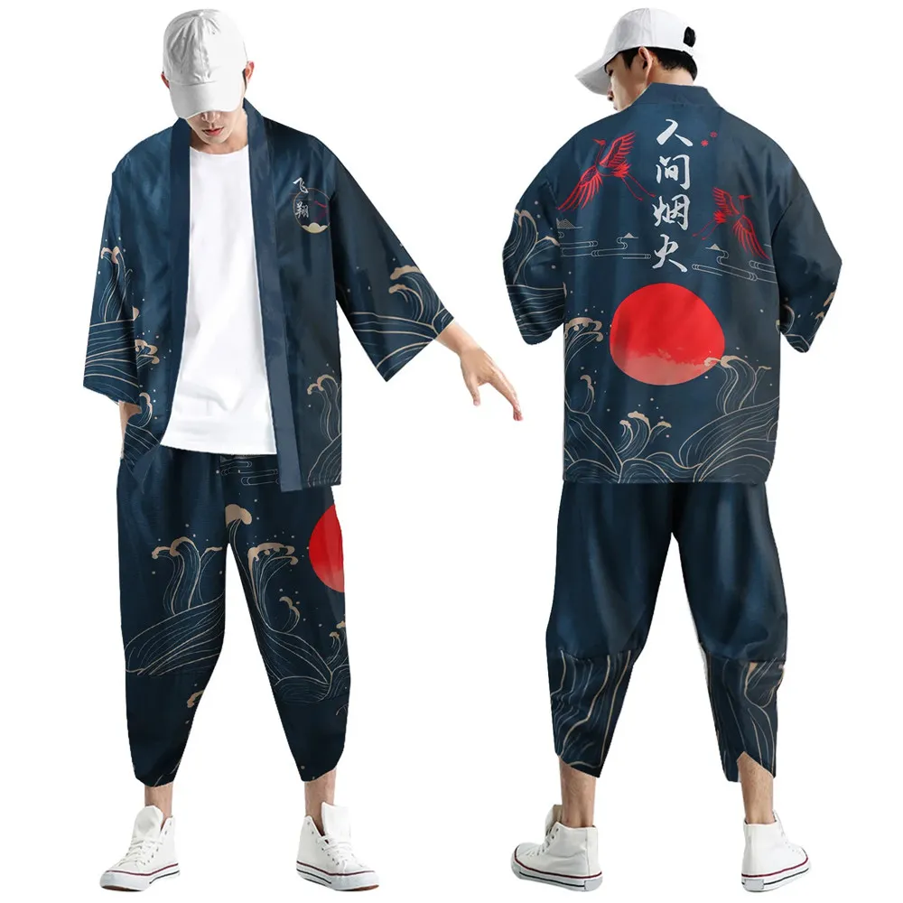 Two-piece Suit Anime Dragon Japanese Style Fashion Kimono And Pants Set Men Women Cardigan Blouse Haori Obi Asian Clothes