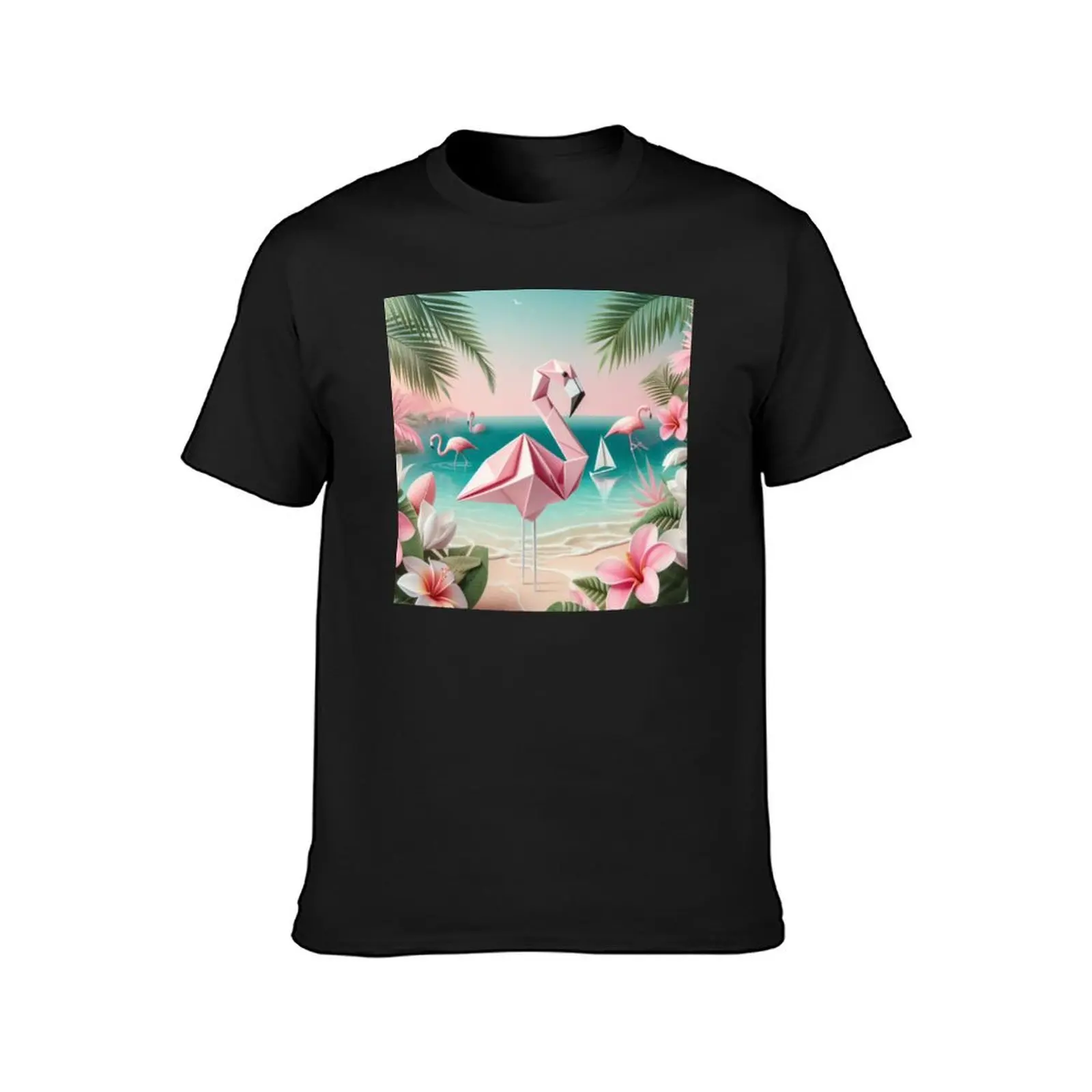 Pink origami flamingo with tropical pink flowers, beach style , vacation mood T-shirt customs design your own t shirts men