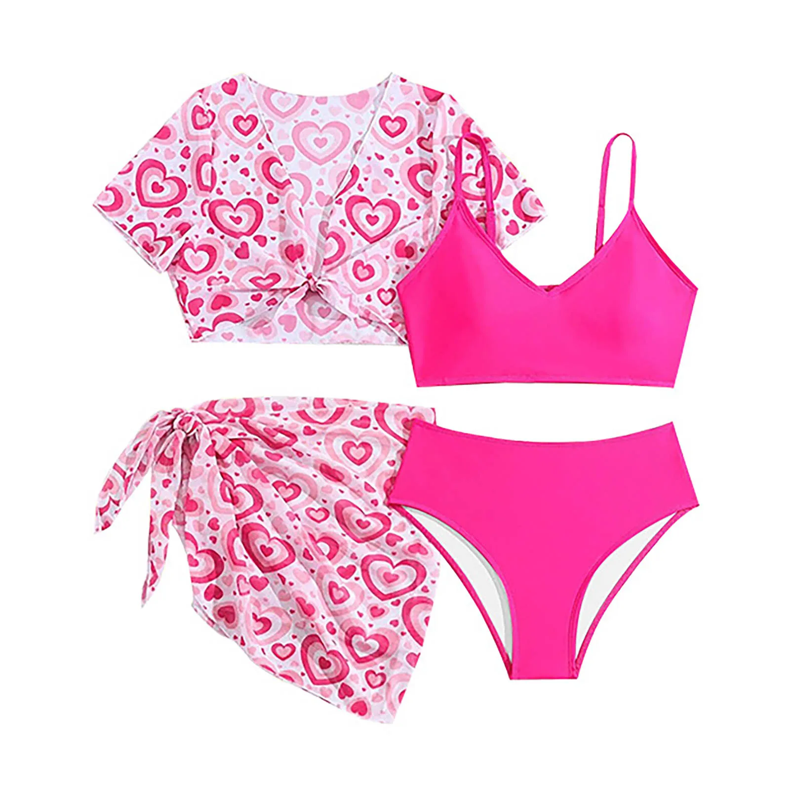 

Girls 4 Piece Tankini Set Swimsuit Heart Print Summer Swimwear with Twist Coverup Tops Beach Skirt Vacations Suit for Swimming