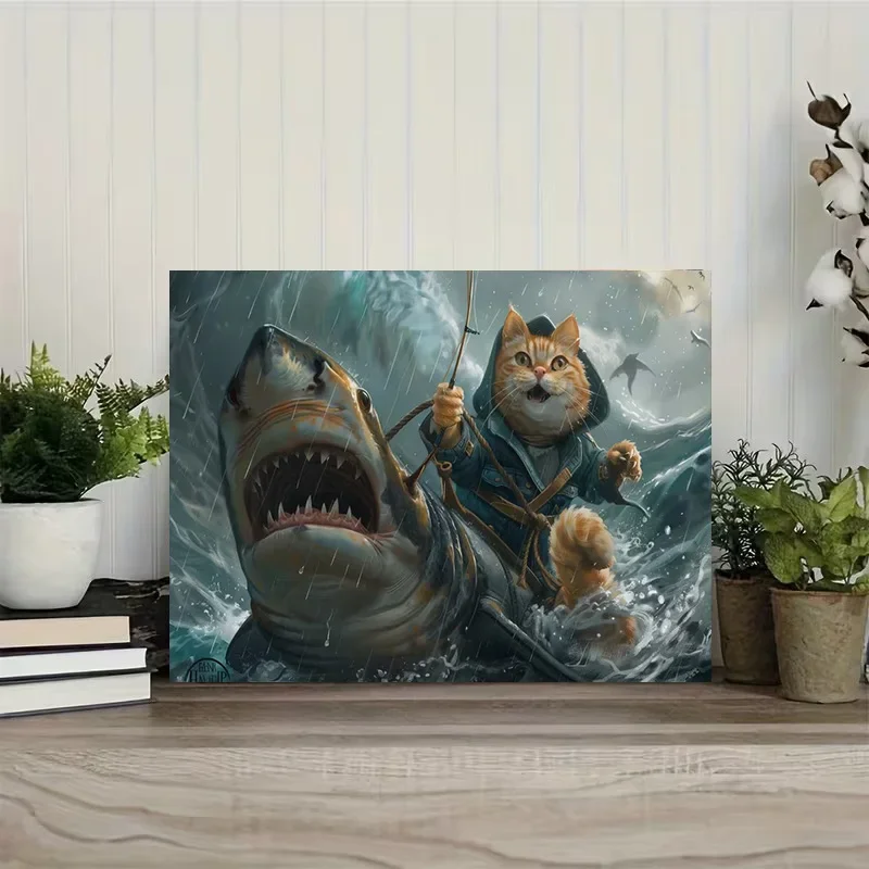 Multiple sizes 1pc frameless Canvas Painting,Fantasy Cat Riding on Shark Poster and Prints Canvas Painting Wall Art Pictures Hom