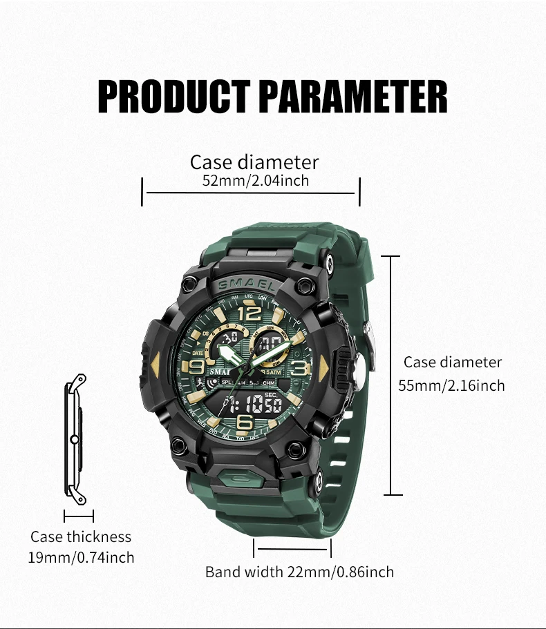 SMAEL Fashion Sports Casual Electronic Man Watch Dual Digital Display Silicone Strap Luminous Waterproof Alarm Watches for Men